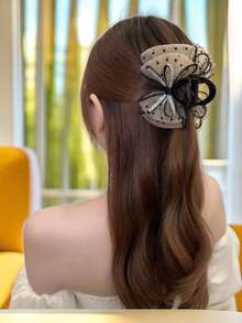 1pc Women's Shiny Bow Polka Dot Mesh Scrunchie Hair Claw Clip, Elegant Flower Hair Claw For Bun Hair Accessories Autumn Accessories