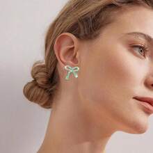 Bow Earrings For Women  Sparkly Rhinestone Chain Tassel Earrings Cute Ribbon Stud Earring Daily Party Jewerly Gifts Christmas Stocking Stuffers - A3:綠色蝴蝶結耳環 - 查看 5