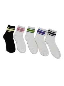 5 pares de calcetines deportivos de rayas de colores surtidos, calcetines versátiles de media pantorrilla, calcetines cómodos y transpirables para todo uso, calcetines y medias de mujer de colores contrastantes - Multicolor - Ver 4