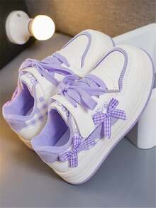 1 par de zapatos deportivos planos, versátiles y casuales para niñas, con correa de punto con lazo, suela suave y cómoda, cierre de gancho y bucle, adecuados para todas las estaciones