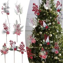 1 pieza, Ramas de pino con escarcha artificial y bayas, recortes de árbol de Navidad, ramas de cedro de Navidad para coronas y decoración navideña, tallos de árbol de Navidad de plástico para manualidades DIY