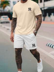 Streetwear T-Shirt And Shorts Kit NY Premium Cotton Shirt Set 26.1 - 米白色短褲 - 查看 1