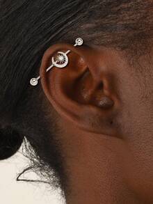 1pc Industrial Ear Cuff Earring, Stainless Steel Heart, Snake, Star & Moon Design - Silver - View 2