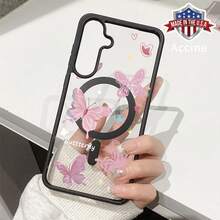 Phone Compatible With Samsung Galaxy S25 Ultra S24 Plus S23 FE S22 Pink Butterfly Reverie Phone Case Pattern Anti-Scratch Shockproof Pocket-Friendly Durable Magnetic Case With Charging Cellphone Cover Gift - 黑色 - 查看 3