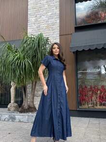 Long Striped And Plain Denim Dress With Elastane Simple Pocket Button Buttons On The Front Feminine Wedding Flared - Sọc xanh - Xem 2
