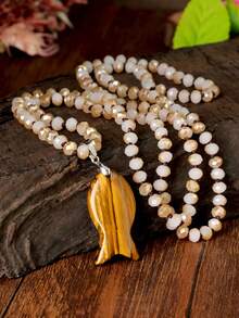 天然虎眼石鱼形吊坠长项链，手工打结水晶串珠波西米亚风格链条，秋冬 - 多色 - 查看 1