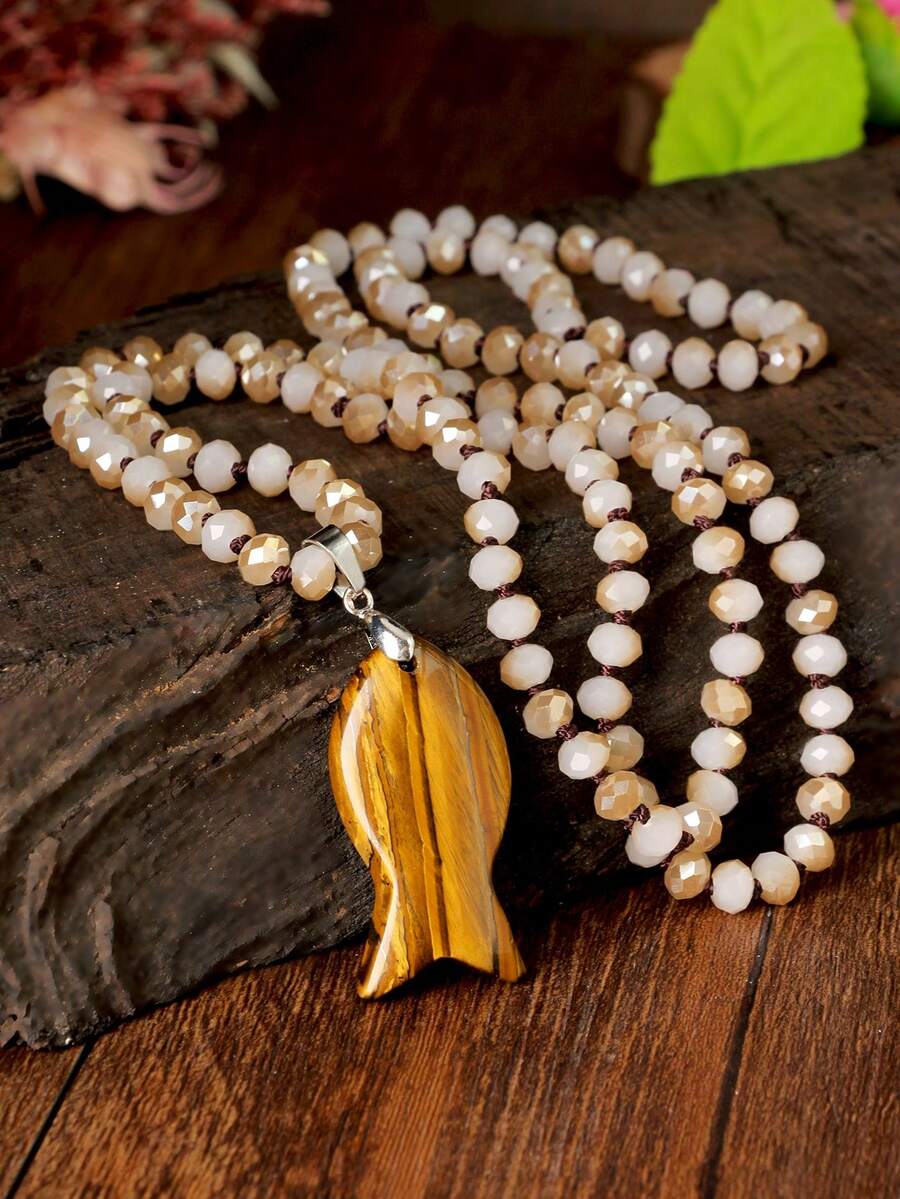 天然虎眼石鱼形吊坠长项链，手工打结水晶串珠波西米亚风格链条，秋冬 - 多色 - 查看 1