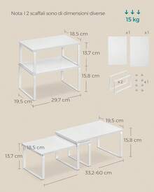 Scaffale Portaspezie, Set di 2 Organizzatori da Cucina Espandibili, Scaffale da Cucina Impilabile, Metallo e Legno Ingegnerizzato,Bianco Nuvola e Bianco Neve - Beige - Visualizzare 5