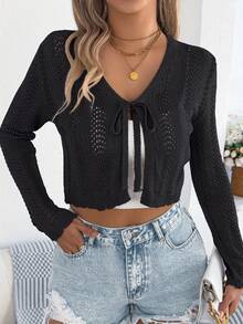 Women's Solid Color Knitted Cardigan Autumn Lace Up Hollow Long Sleeved Casual Outfit Knitted Sweater - Black - View 3