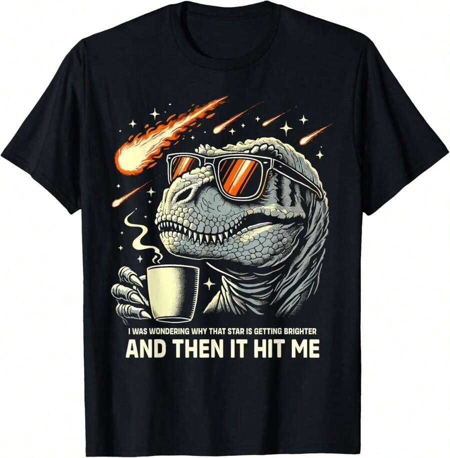 T-Rex Dinosaur Drinking Coffee Meme Graphic Tees Men's T-Shirt, Soft And Breathable Short Sleeve, Perfect For Daily Wear, Outdoor Activities, Travel, And Casual Style, Comfortable All-Day Fit! - 黑色 - 查看 1