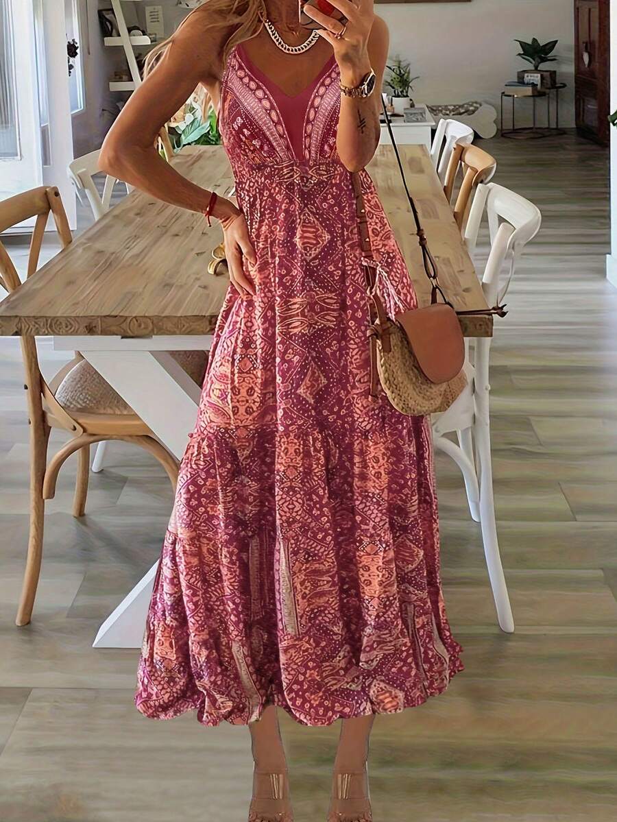 Vestido bohemio sin mangas con estampado floral diminuto, cuello en V, cintura alta, nueva moda femenina de estilo europeo para el verano