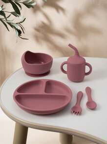 PopLittleOne 5 PIEZAS Conjunto de cubiertos de silicona para bebé, tazón con succión, plato, taza antiderrame, cuchara y tenedor blandos, vajilla para alimentación y entrenamiento de bebé antideslizante - Multicolor - Ver 10