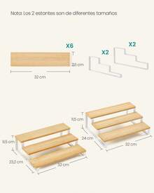Estante para Especias, Juego de 2 Estantes de Armario, Especiero Extensible de 3 Niveles, Madera de Ingeniería, Apilable, para Despensa, Encimera, Beige Natural y Blanco Nube