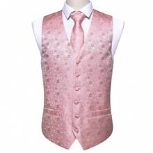 Mens Waistcoat Pink Flower Vest Tie Hankie Cufflinks Set Tuxedo Gilet Wedding Formal Casual Office - 粉色 - 查看 4