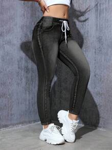 Women's High Waist Skinny Denim Jeans, Crafted With Elastic Drawstring Waist, Subtle Ombre Fade, Functional Front Pockets, And Decorative Button - Accented Back Pockets For Detailed Appeal