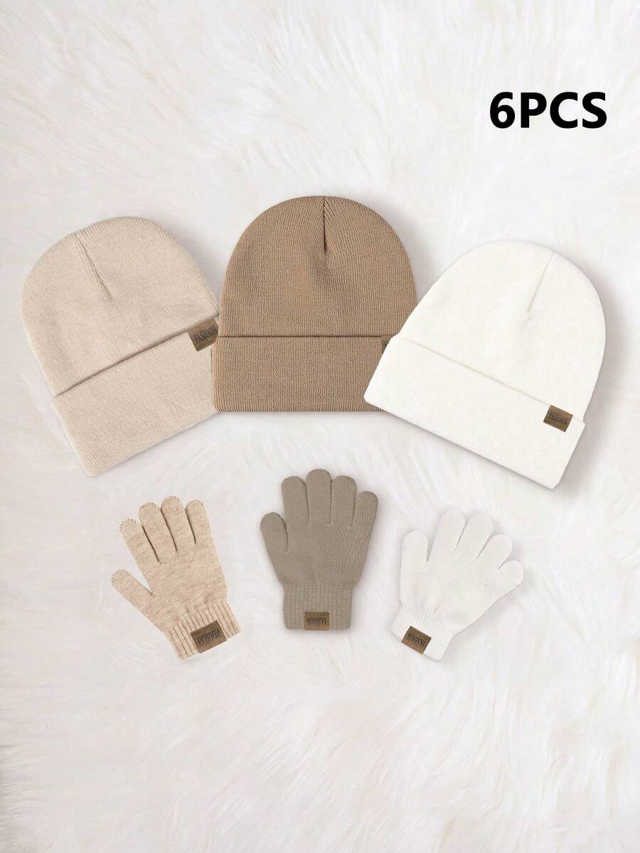 6pcs Solid Color Knit Hat + Solid Color Fingerless Gloves (6-Piece Set), Boys/Girls Outdoor Cold-Proof Casual Winter Beanie Suitable For Daily Wear - White+Beige+Khaki - View 1