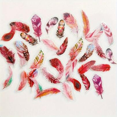 40pcs Vibrant Pink Feather Stickers - Waterproof, Reusable PET Decals With Intricate Colorful Patterns For DIY Crafts, Laptops, Scrapbooks, Journals & More, Cute Stickers