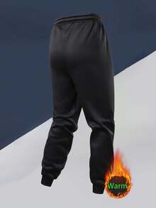 Men's Casual Elastic Waist Thermal Lined Tapered Pants, Simple & Fashionable For Autumn/Winter,Fleece - Black - View 3