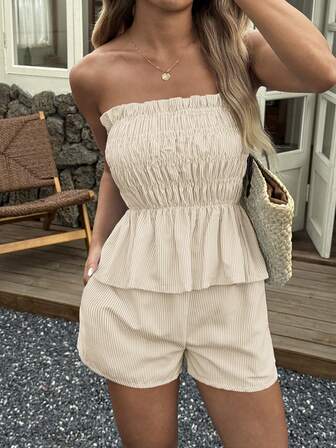 Vaiaye 女士夏威夷波西米亚热带海滩度假两件套——单肩条纹荷叶边简约日常抹胸上衣和短裤，非常适合约会、下午茶、假期、音乐节和圣诞节。