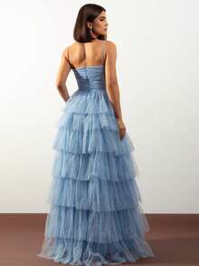 LONG WEDDING PARTY DRESS  BRIDESMAIDS CLASSIC TULLE WITH SHINE - SERENITY BLUE - View 2