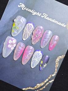 10pcs Handmade Medium-Sized Almond Nail Tips, Featuring Purple Gradient, Butterfly Nail Drill, 3D Relief Three-Dimensional Stripes, And 3D Floral Relief Nail Art Decoration. Suitable For Women To Wear At Parties, Dances, And In Daily Life. - 淡紫色 - 查看 3