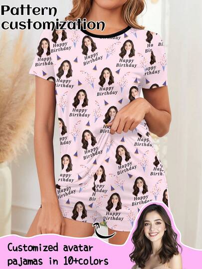 Printstory Custom Designed Pink Pajama Set With Personalized Big Headshot & Couple Face Replacement, Festive Look,Dawg,Colorful,Cute,Adorable,Contracted,Funny,Custom,Unique,Customized,Personalized,Ideal Gifts For Him,Ideal Gifts For Her,Boyfriend,Girlfriend,Family,Friends,Her
