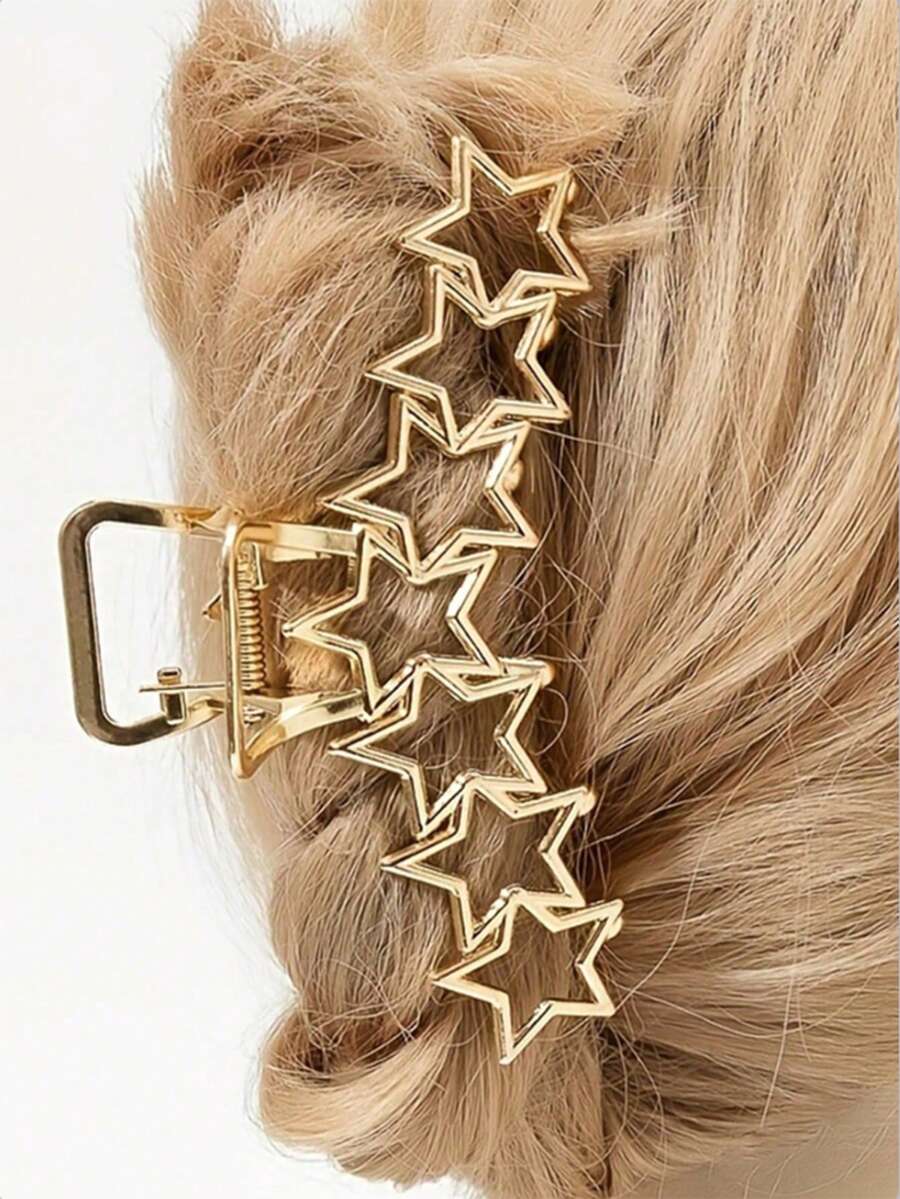 1pc Minimalist Chic Large Metal Star Hair Claw Clip, High-End Hollow Big Hair Claw For Ponytail, Five-Pointed Star Hair Accessory For Party, Travel, Vacation, Fashion, Versatile, Great Gift For Mother's Day, Easter, Back To School, Thanksgiving, School Stuff, College - Gold - View 1