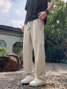 Brand Casual Pants, Multi-Pocket With Drawstring, Relaxed Straight Leg Sweatpants For Men, Lightweight For Summer