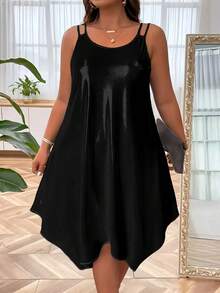 Vestido de tirantes asimétrico brillante de unicolor para mujer de talla grande