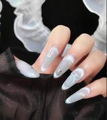 OroBelle 2025 Blue Cat Eye & Watercolor Press-On Nails| Long Oval Shape| With Starry Glitter, Holographic Flows & Bow Details| Icy Blue Glass Pearl Nail Art - S - Xem 6