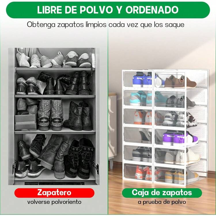 Paquete de 12 Cajas de Almacenamiento para Zapatos Plásticas, Plegables y Apilables, Transparentes y Blancas, Impermeables con Ventilación, Hasta Talla 44, Organizador para Clóset o Armario-061 - Negro - Añade 6