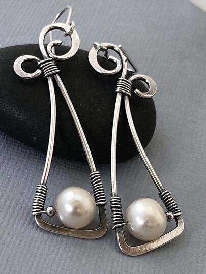 1 Pair Bohemian Style Purple Amethyst & Pearl Wrapped Vintage Silver Gemstone Earrings For Women