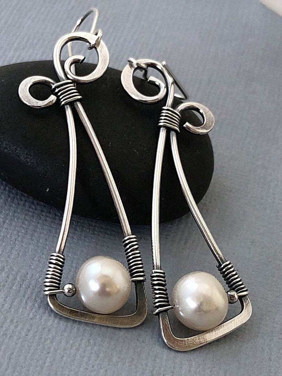 1 paire de boucles d'oreilles vintage en argent avec améthyste violette et perle, style bohème, pour femmes - Multicolore - Voir 1