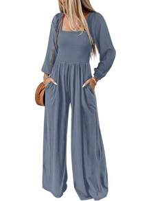 Women's Casual Loose Overalls Jumpsuits Long Sleeve Wide Leg Long Pant Rompers With Pockets - Dusk Blue - View 1