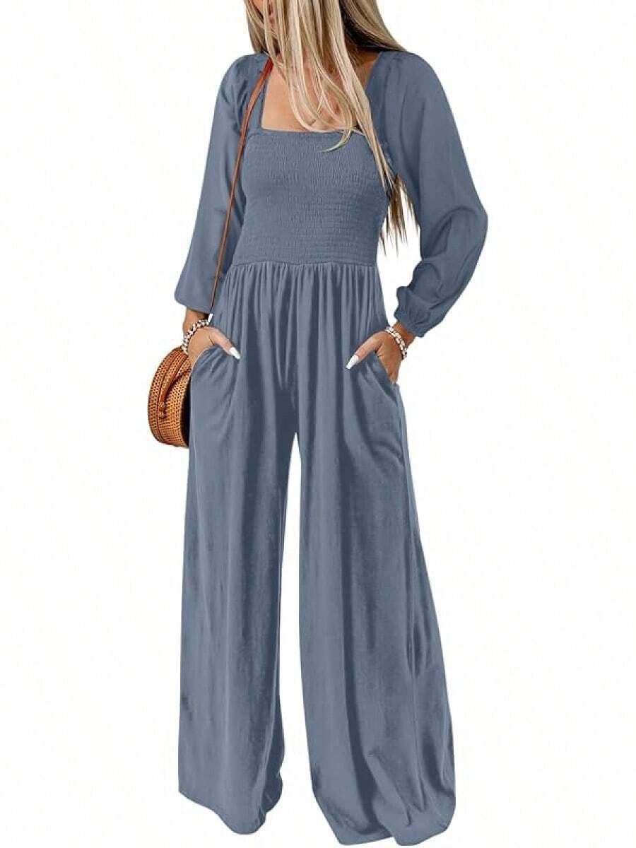 Women's Casual Loose Overalls Jumpsuits Long Sleeve Wide Leg Long Pant Rompers With Pockets - Dusk Blue - View 1