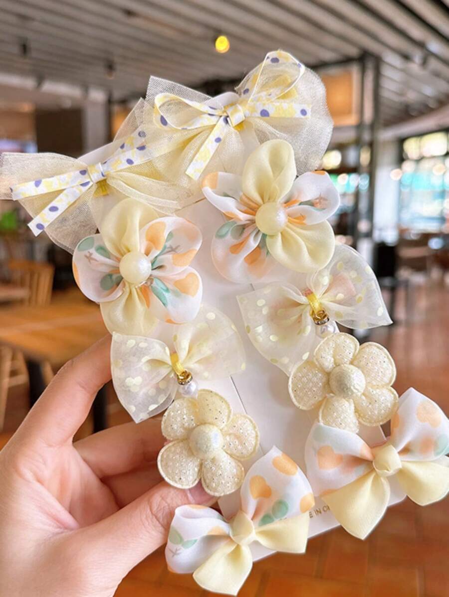 10pcs Cute Floral Bow Cartoon Hair Clips For Little Girls, Sweet And Adorable, Packaged Without Card