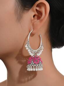 一对时尚迷人的水晶花朵吊坠耳环，宝莱坞风格仿珍珠吊坠首饰，优雅的传统巴基斯坦吉姆卡耳环，适合女性日常、节日、婚礼、派对佩戴，也是一份珍贵的珠宝礼物。