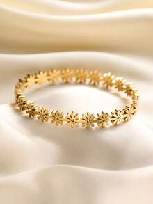 RAYQUEEN 1pc Stainless Steel Flower Rhinestone Inlaid Gold Tone Fashionable Versatile Bracelet For Women, Suitable For Daily Wear - Yellow Gold - View 3