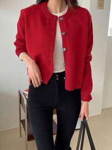 Cárdigan informal con botones de color sólido para mujer, suéter corto de manga linterna retro de otoño e invierno, adecuado para ocasiones diarias en primavera y otoño. - Rojo - Ver 4