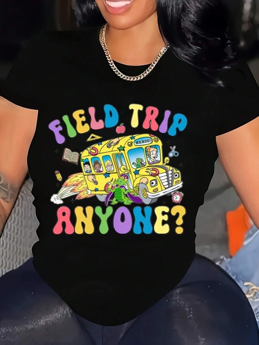 Field Trip Anyone Shirt, School Trips Shirt, Teacher Magic School Bus, Field Day Teacher Shirt, Seatbelts Everyone, Frizzle, Teacher Shirt,Oversized Graphic Tshirts For Women,Cotton Graphic Tee Fo - 黑色 - 查看 1