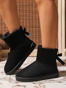 1 Par de Botas Curtas para Adolescentes, Botas de Neve Quentes para Meninas com Decoração de Laço, Tecido de Camurça com Forro Térmico, Bico Redondo e Salto Baixo, Botas de Neve Casuais e Quentes para Uso Diário no Inverno - Preto - Visão 3