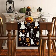 1/25pcs Halloween Themed Pumpkin & Haunted Castle Pattern Table Runner, Dining Table Decor For Restaurant Party Holiday, Dark Style Tablecloth, Halloween Decoration, Indoor Decor, Halloween Party Supplies, Holiday Gift, Room Decor, Dining Table Accessory