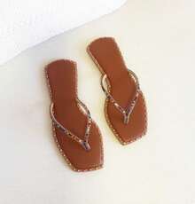 Women's Rhinestone Flat Flip Flop Sandal Soft Lightweight Comfortable Promotion New Arrival Glitter Flat Flip Flop Fashion Luxury Fashion - 駝色 - 查看 3