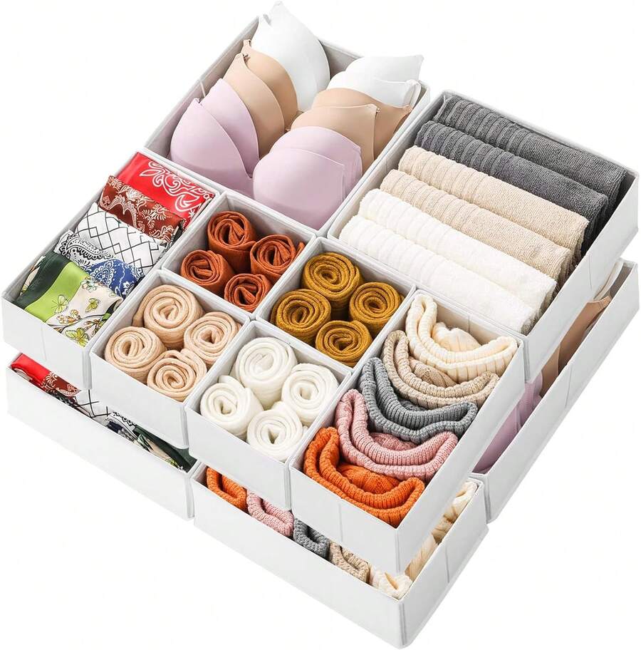 Stero 12 Pack Drawer Organizers For Clothing, Dresser Drawer Organizer Clothes, Fabric Foldable Closet Organizers And Storage Basket Bins For Clothes, Underwear, Bras, Socks (White)