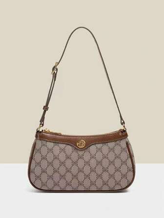 Modern klassisk fransk stickväska, multifunktionell vattentät helkroppstryckt tyg, metallspännedekoration, justerbar lång axelrem, öppning och stängning av dragkedja, kontrasterande sömdesign, nischad casual axelväska för kvinnor, plånbok, axelväska, affärspendlingsväska, lämplig för shopping, pendling och utomhussammankomster