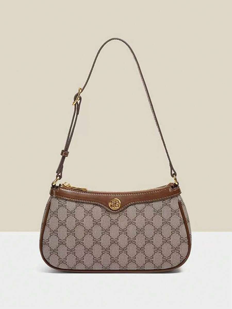 经典法式手拿包，多功能防水全印花面料，金属扣装饰，可调节长肩带，拉链封口，撞色缝线设计，小众休闲女士单肩包，钱包，单肩包，商务通勤包，适合购物、通勤和户外聚会。