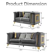 YOGLAD Luxurious Chesterfield Velvet Sofa With Gold Stainless Steel Trims, Modern 3-Seater Sofa And 2-Seater Sofa With Curved Backrest Rolled Arm  And Embroidered Texture 2 Fur & 2 Gold Strip Pillow For Living Room, Bedroom, Apartment, Office - Xám - Xem 2