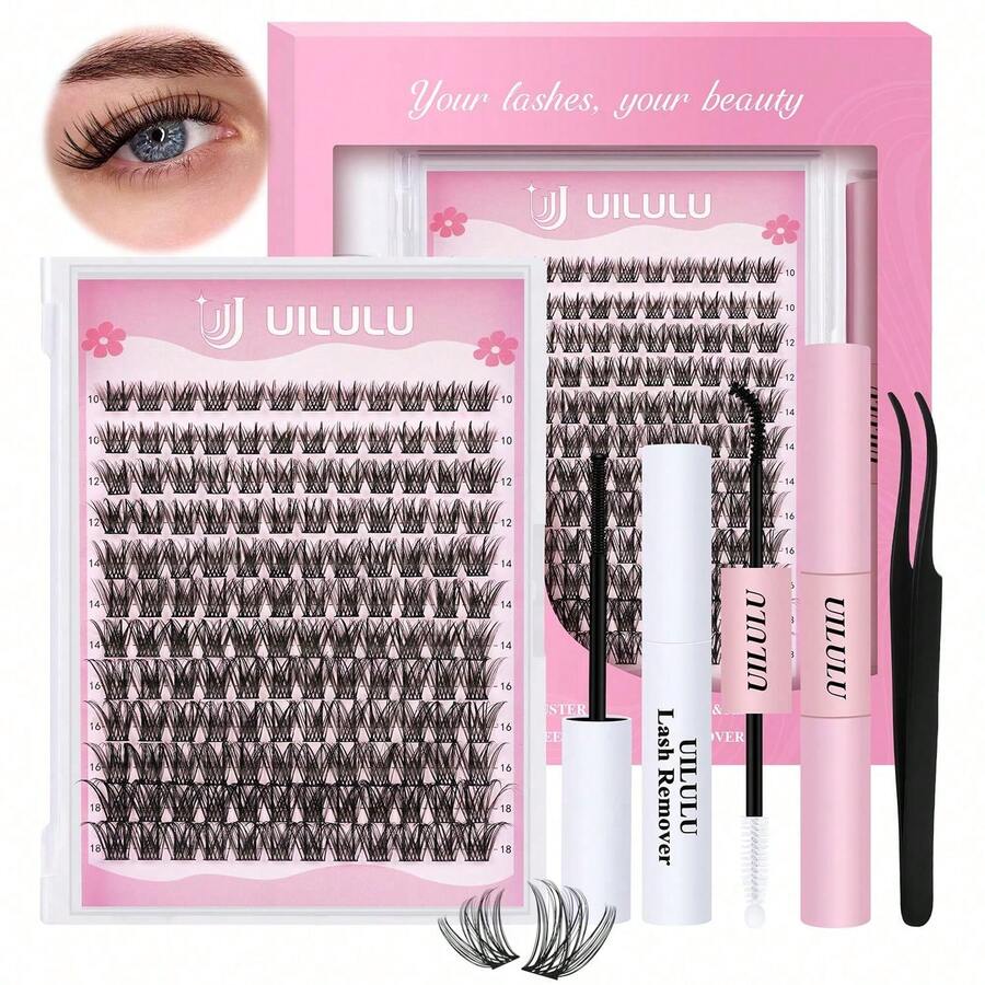 Mixed DIY Lash Extension Kit High Capacity Individual Lash Clusters 9-16MM Mixed D Curl Effect Natural Look Wispy Soft And Comfortable False Eyelashes Long-Lasting Individual Lashes Kit With Lash Bond&Seal And Tweezers And Lash Brush - Black - View 1