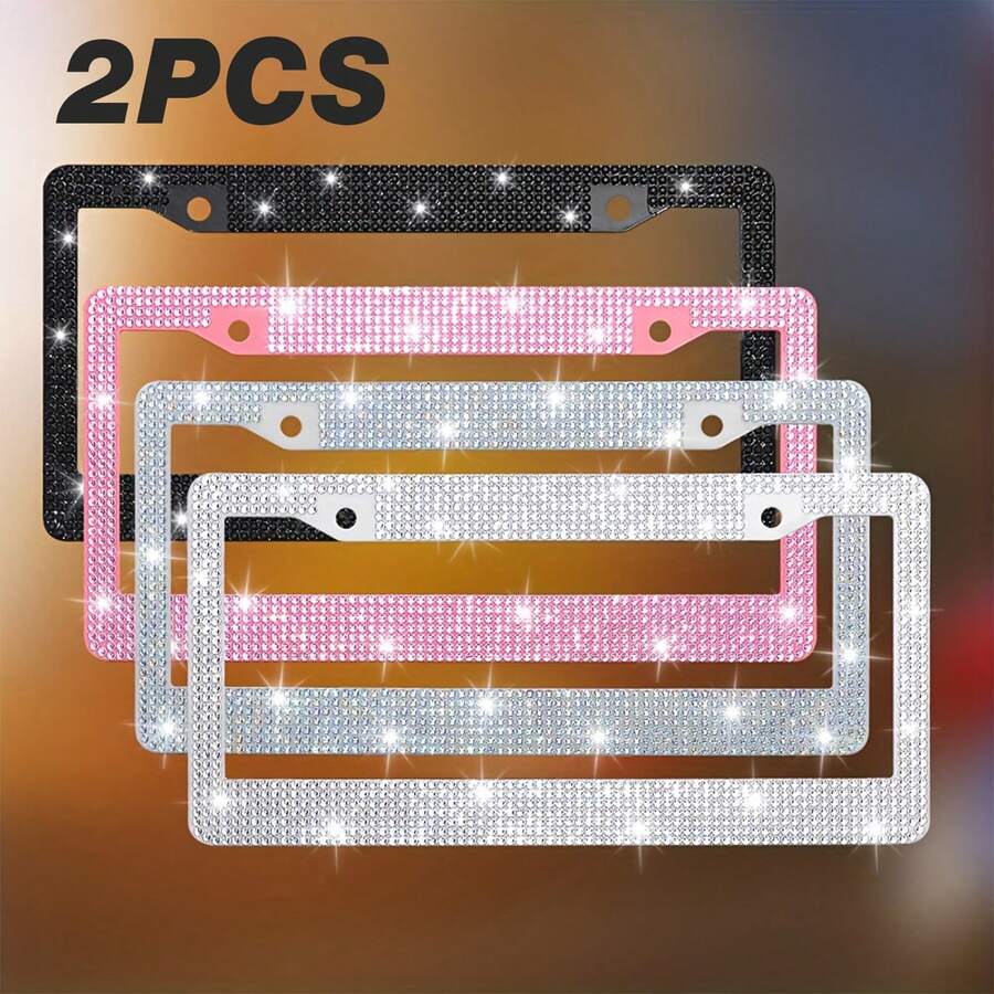 2pcs Bling Bling Plastic Car License Plate Frame, Crystal Rhinestone Handmade Multi-Color, Rust-Proof Durable, With Accessories, Christmas Gift - 2pcs - View 1