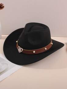 1顶儿童毛毡牛仔帽，心形图案，饰有水钻和珍珠，西部风格，时尚独特，适合返校、假期和休闲场合。 - Heart - Rhinestone & Pearl Bands - 查看 17